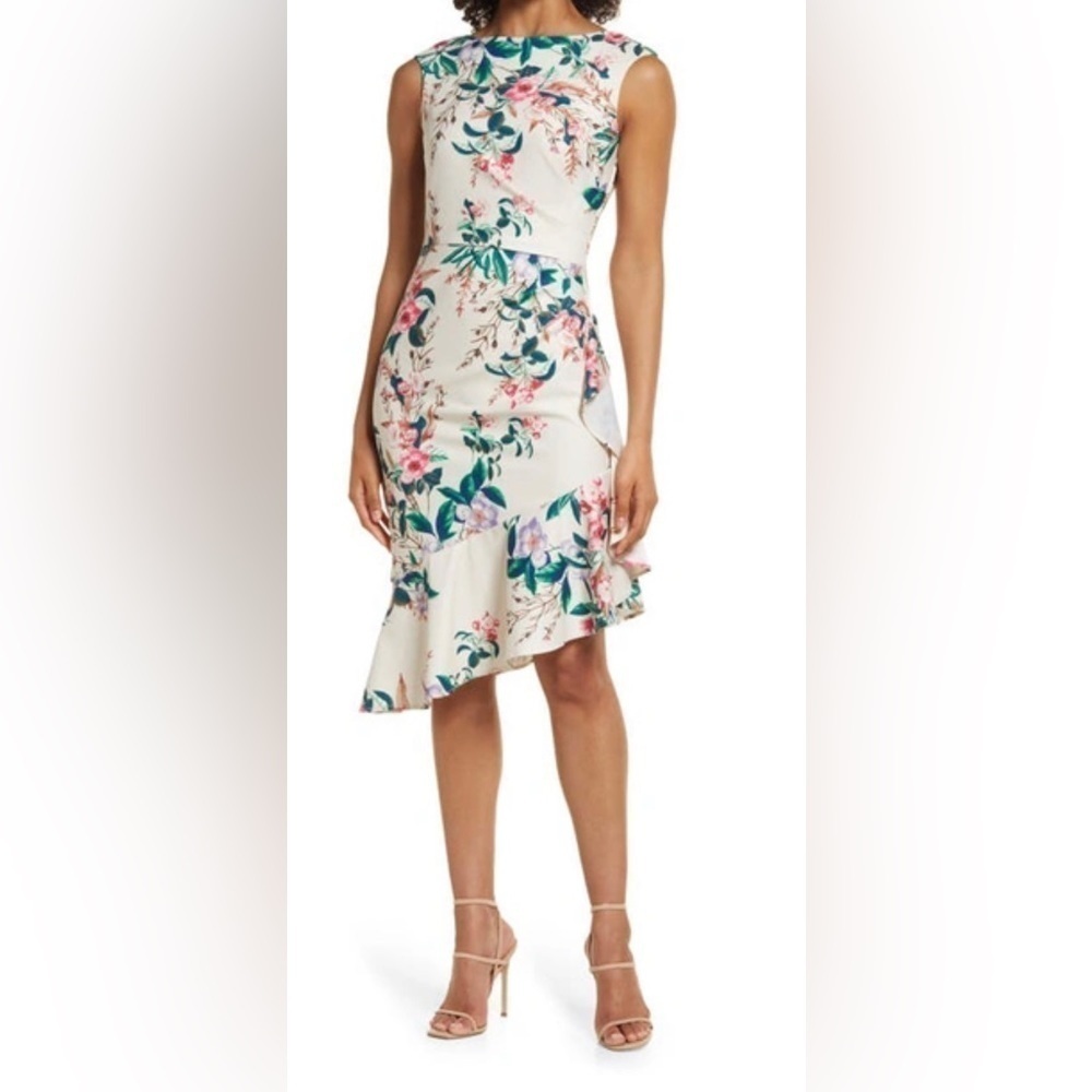 Eliza J Womens Ivory Multi‎ Floral Cascade Ruffle Sheath Dress EJ2M9712 Size 2